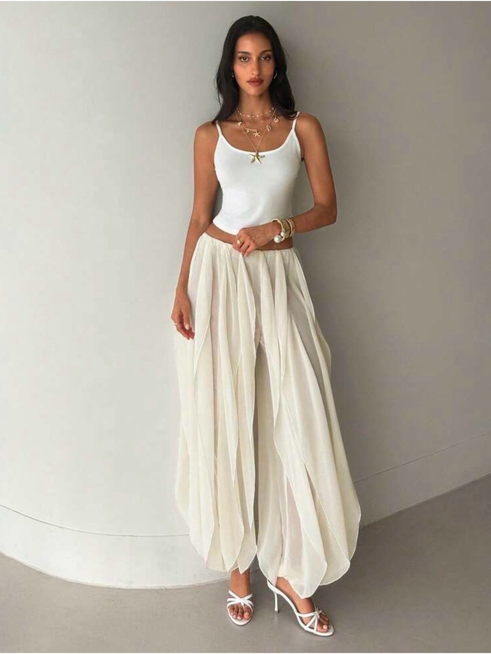 Flowing Cream Wide-Leg Palazzo Pants - Women's